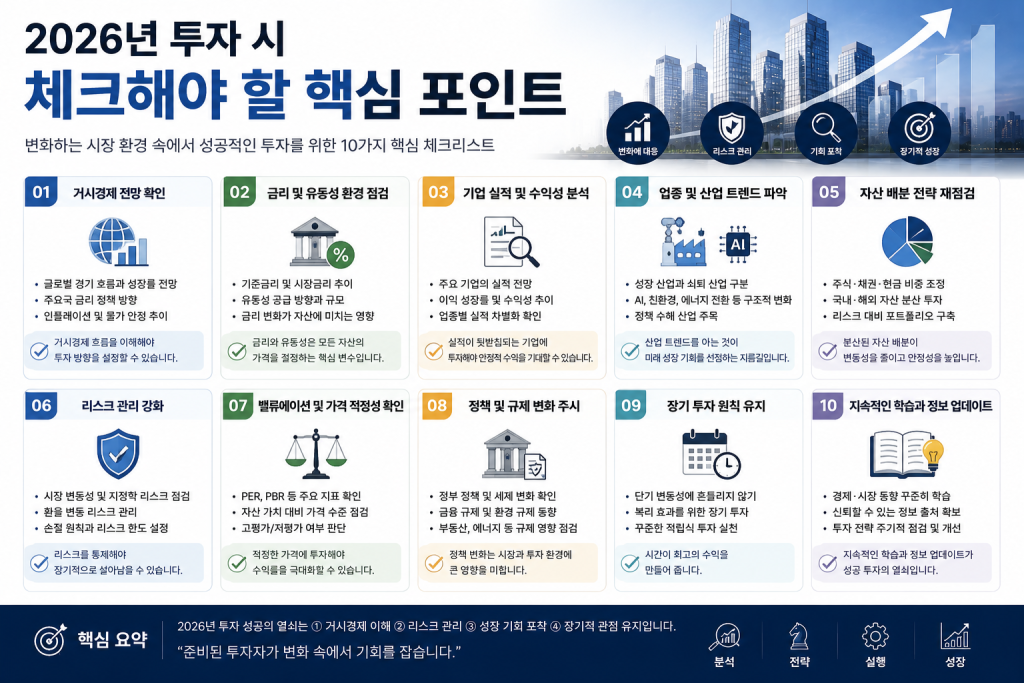 2026년 한국 리츠 투자 시 확인해야 할 핵심 체크포인트를 정리한 인포그래픽으로 금리, 공실률, 부채비율, 자산 구성, 배당 이력을 한눈에 설명하는 이미지