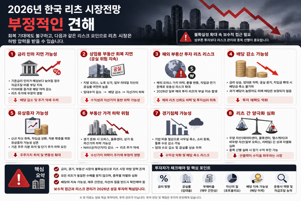2026년 한국 리츠 시장 전망의 부정적인 요인을 설명하는 인포그래픽으로 금리 인하 지연, 상업용 부동산 회복 지연, 해외 부동산 투자 리스크, 배당 감소 가능성, 유상증자, 경기 침체와 리츠 양극화 등을 정리한 이미지