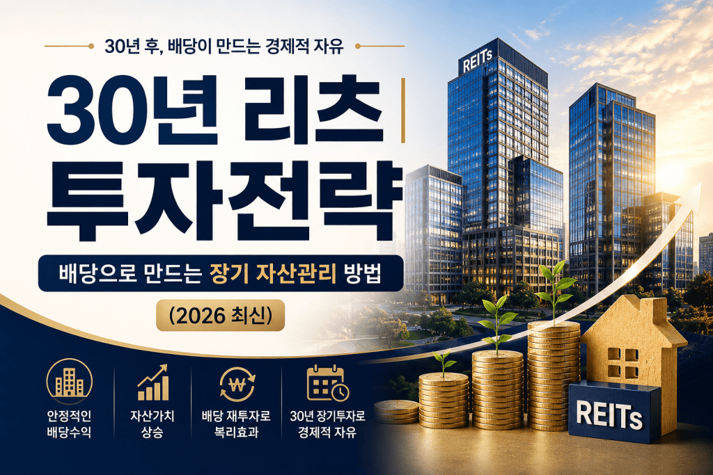 30년 리츠 투자전략과 배당 재투자를 통한 장기 자산관리 방법을 설명하는 인포그래픽