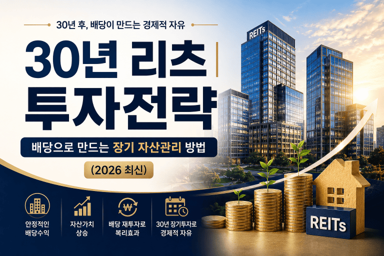 30년 리츠 투자전략과 배당 재투자를 통한 장기 자산관리 방법을 설명하는 인포그래픽