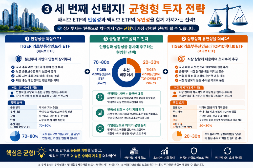 장기투자를 위한 패시브 ETF와 액티브 ETF의 균형형 투자 전략을 설명하는 인포그래픽으로 TIGER 리츠부동산인프라 ETF와 TIGER 리츠부동산인프라TOP10액티브 ETF의 추천 비중과 투자 전략을 비교한 대표 이미지