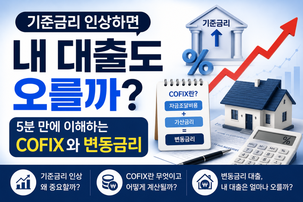 기준금리 인상 시 대출금리 변화와 COFIX 및 변동금리의 관계를 설명한 이미지