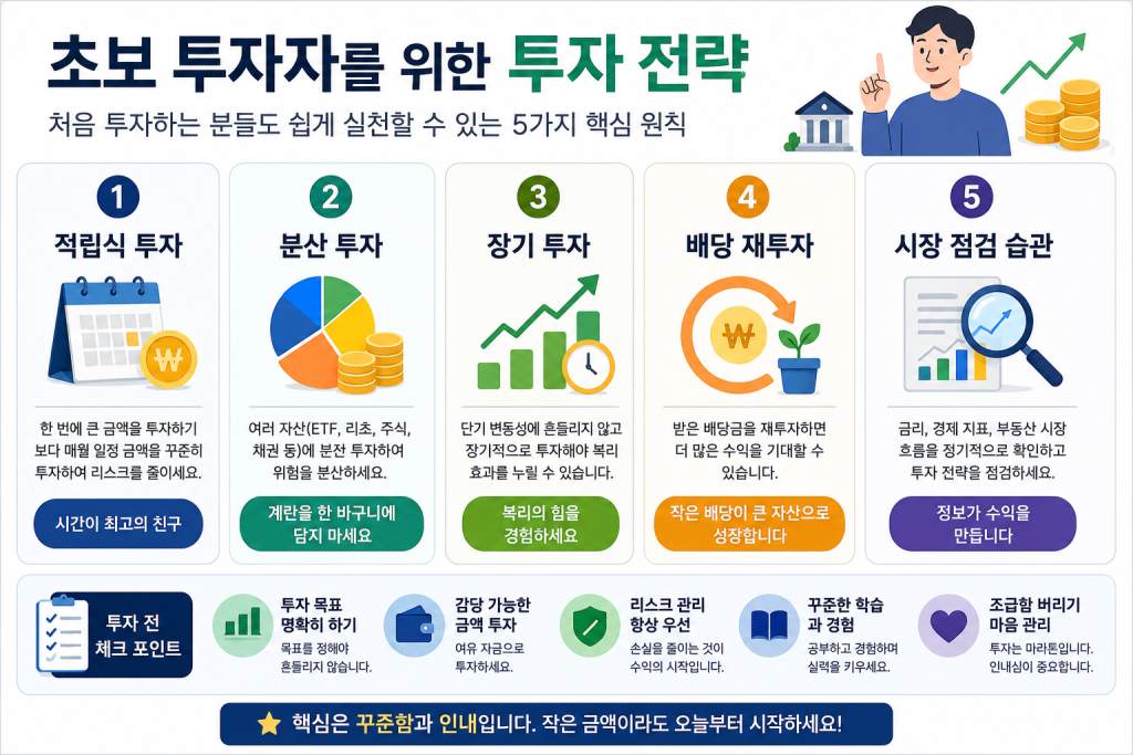 한국 리츠 ETF 초보 투자자를 위한 투자 전략을 정리한 인포그래픽으로 적립식 투자와 분산 투자, 장기 투자 원칙을 설명하는 이미지