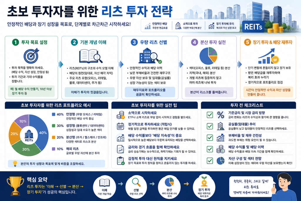 초보 투자자를 위한 한국 리츠 투자 전략을 설명하는 인포그래픽으로 투자 목표 설정, 우량 리츠 선택, 분산 투자, 장기 투자, 배당 재투자 방법을 한눈에 보여주는 이미지