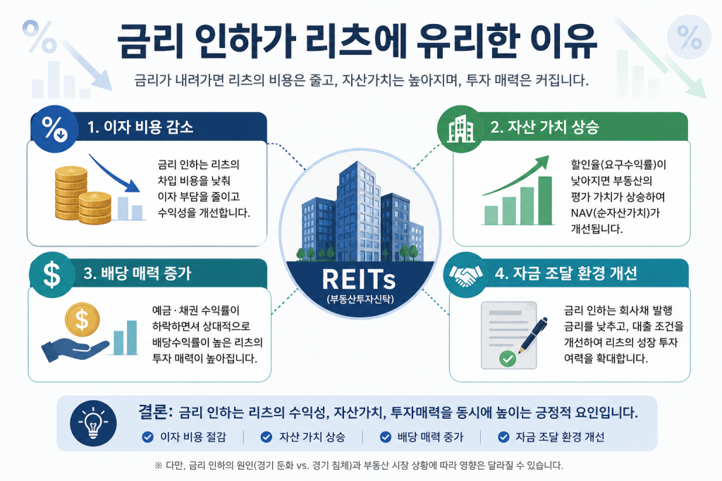 금리 인하가 리츠에 유리한 이유인 이자 비용 감소, 자산가치 상승, 배당 매력 증가, 자금조달 환경 개선을 설명한 인포그래픽