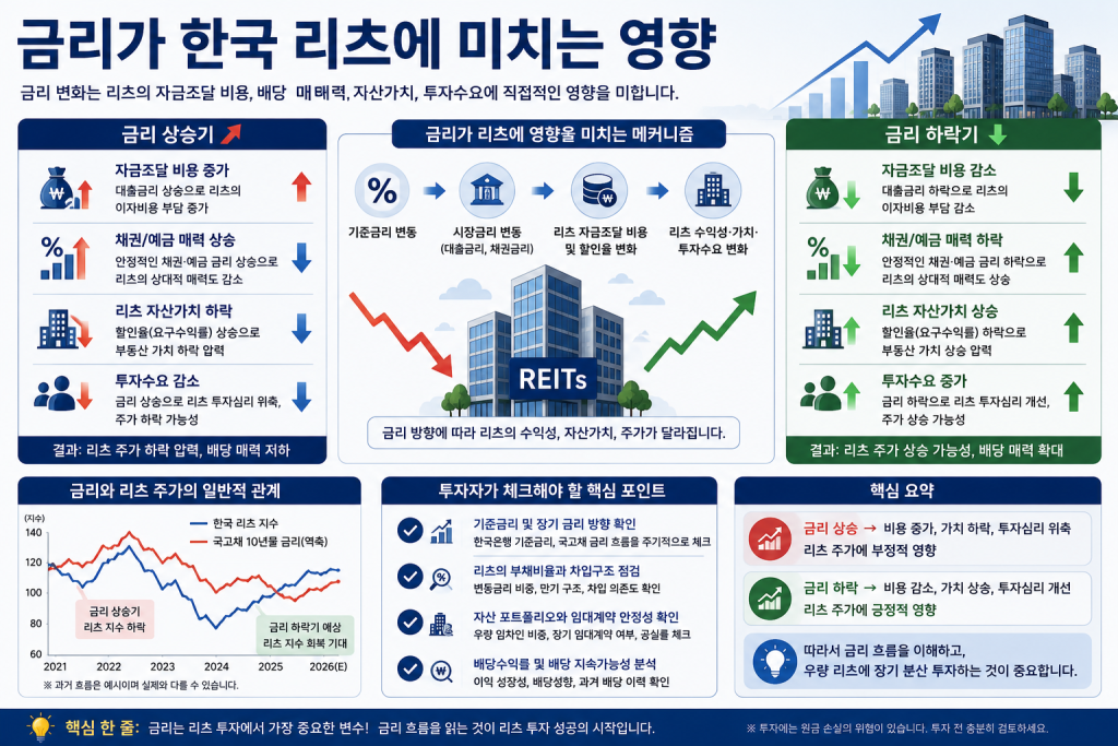 금리 상승과 금리 하락이 한국 리츠의 자금조달 비용, 자산가치, 배당, 투자수요 및 주가에 미치는 영향을 비교하여 설명하는 인포그래픽