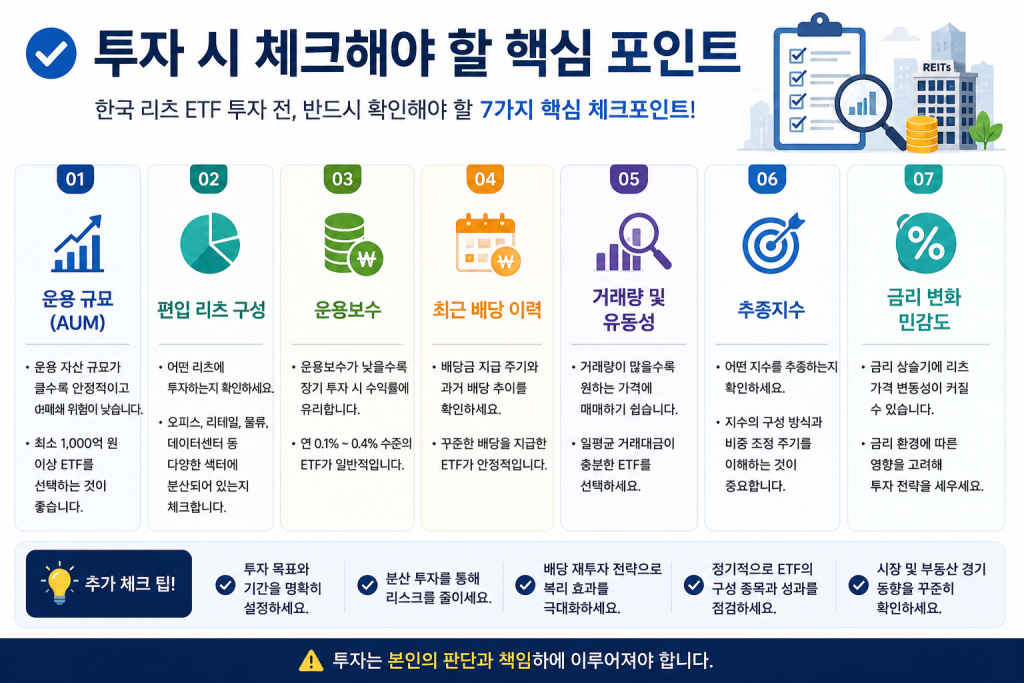 한국 리츠 ETF 투자 전 반드시 확인해야 할 핵심 체크포인트를 정리한 인포그래픽으로 운용 규모, 편입 리츠, 운용보수, 배당 이력, 거래량, 추종지수, 금리 민감도를 설명하는 이미지