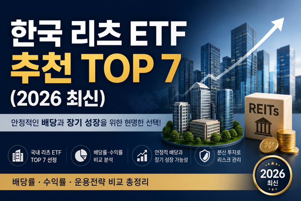 2026년 한국 리츠 ETF 추천 TOP 7을 소개하는 대표 이미지로 국내 리츠 ETF의 배당률과 수익률 비교를 주제로 한 표지