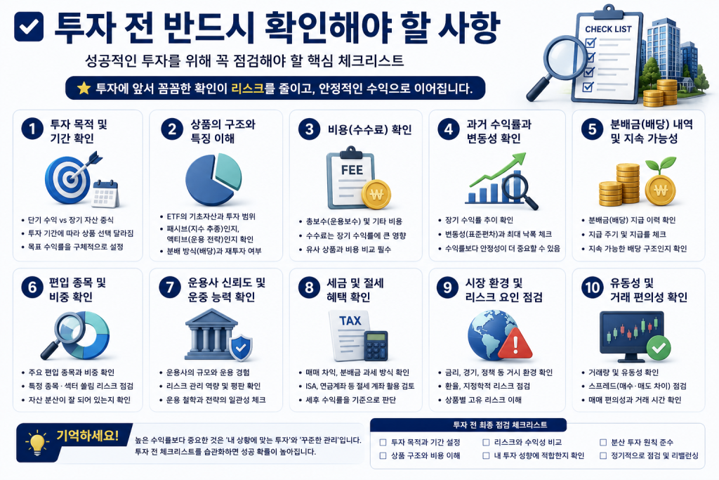 리츠 ETF 투자 전 반드시 확인해야 할 핵심 체크리스트를 정리한 인포그래픽으로 투자 목적, 운용보수, 편입 종목, 분배금, 운용사, 세금, 시장 환경, 유동성 등 투자자가 확인해야 할 사항을 설명하는 대표 이미지