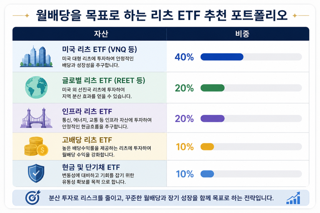 월배당을 목표로 하는 리츠 ETF 추천 포트폴리오를 보여주는 인포그래픽으로 미국 리츠 ETF 40%, 글로벌 리츠 ETF 20%, 인프라 리츠 ETF 20%, 고배당 리츠 ETF 10%, 현금 및 단기채 ETF 10%의 자산 배분 전략을 정리한 이미지