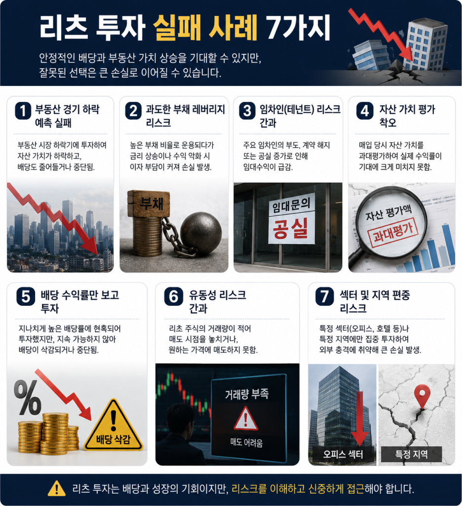 리츠 투자 실패 사례 7가지와 초보 투자자가 반드시 확인해야 할 투자 위험 요소를 정리한 인포그래픽