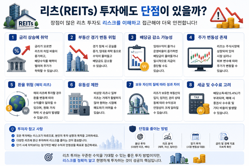 리츠(REITs) 투자의 단점과 금리 상승, 부동산 경기, 배당 감소, 주가 변동 등 주요 투자 위험을 설명한 이미지