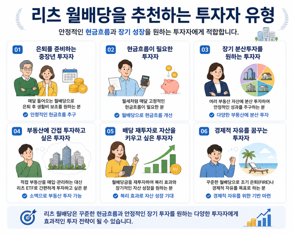 리츠 월배당 투자를 추천하는 투자자 유형을 정리한 인포그래픽으로 은퇴 준비 투자자, 현금흐름을 원하는 투자자, 장기 분산투자 투자자, 부동산 간접투자 투자자, 배당 재투자 투자자, 경제적 자유를 목표로 하는 투자자에게 적합한 전략을 설명한 이미지
