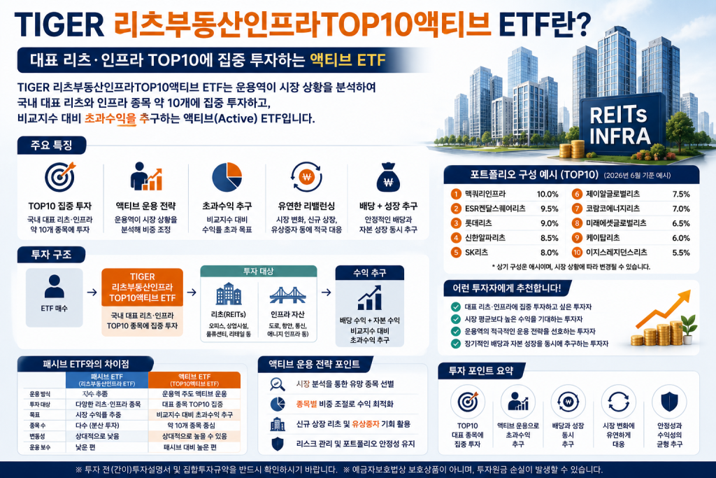 TIGER 리츠부동산인프라TOP10액티브 ETF를 소개하는 인포그래픽으로 국내 대표 리츠와 인프라 종목 TOP10에 집중 투자하는 액티브 ETF의 특징, 운용 방식, 투자 구조와 장기투자 핵심 포인트를 설명하는 대표 이미지