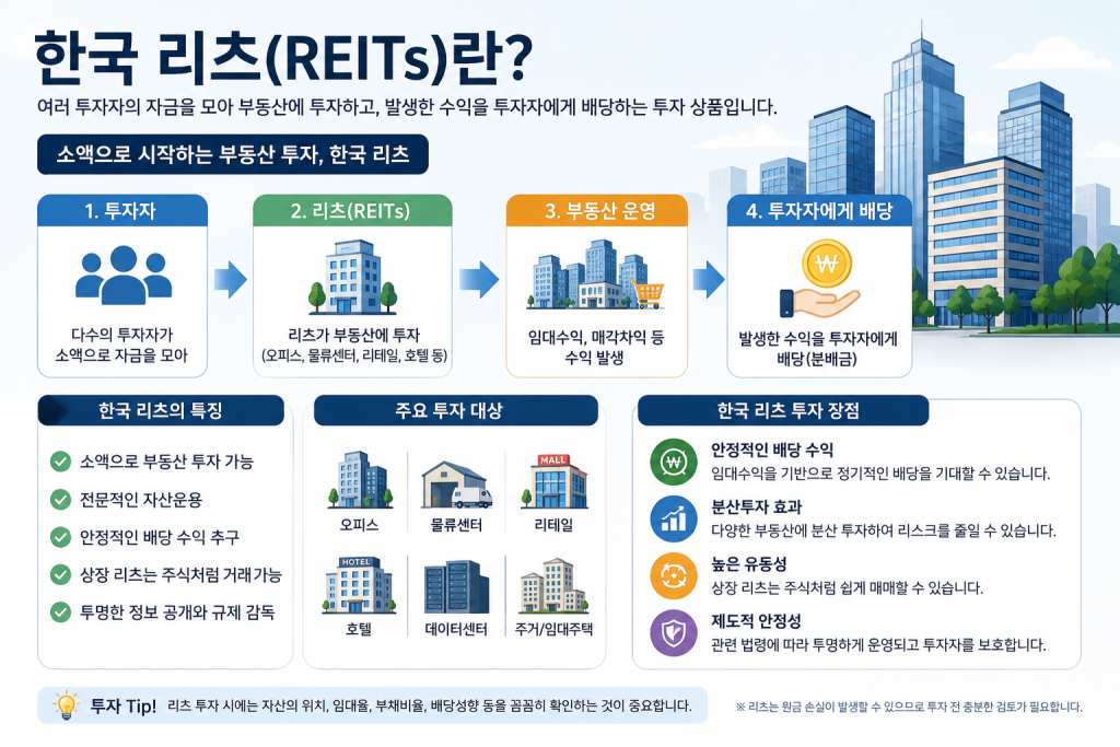 한국 리츠(REITs)의 개념과 투자 구조를 설명하는 인포그래픽. 투자자의 자금이 오피스, 물류센터, 리테일, 호텔 등에 투자되고 배당으로 이어지는 과정을 한눈에 보여주는 이미지
