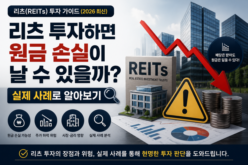 리츠 투자 시 원금 손실이 발생할 수 있는 이유와 실제 사례, 주가 하락 원인 및 투자 위험을 설명한 대표 이미지
