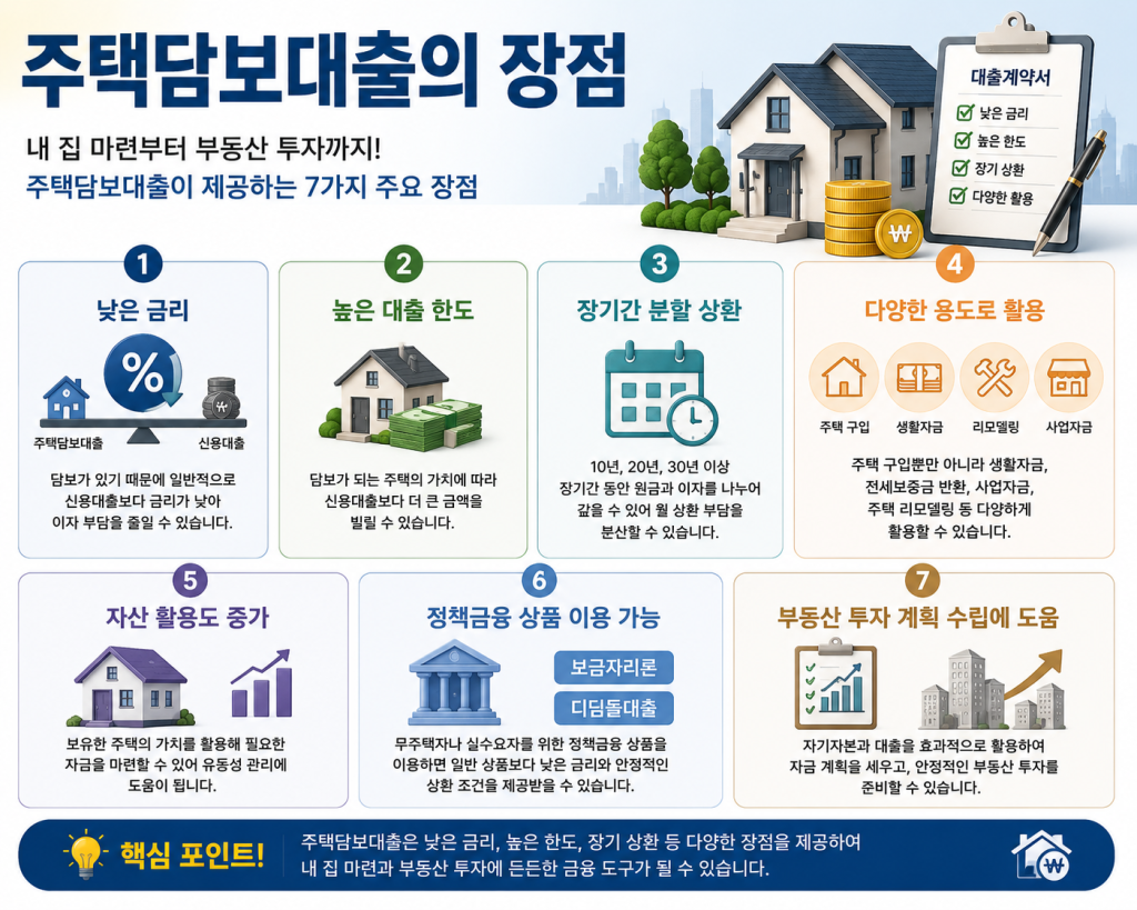 주택담보대출의 주요 장점인 낮은 금리, 높은 대출 한도, 장기 분할 상환, 다양한 활용, 자산 활용도 증가, 정책금융 상품 이용, 부동산 투자 계획 수립을 한눈에 정리한 인포그래픽