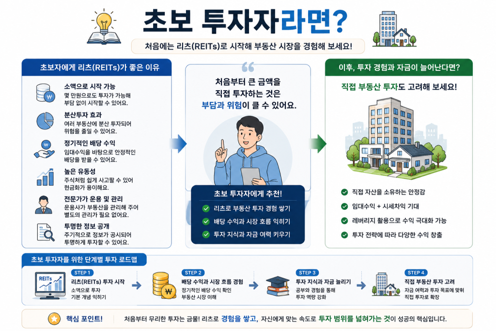 초보 투자자를 위한 리츠(REITs) 투자 가이드 이미지로 소액 투자, 분산투자, 배당 수익의 장점과 투자 경험을 쌓은 뒤 직접 부동산 투자로 확장하는 과정을 설명한 인포그래픽