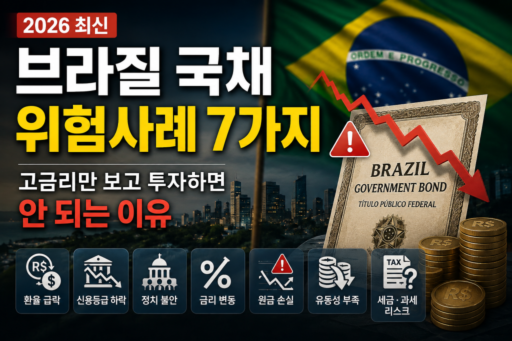 브라질 국채 투자 시 환율, 금리, 국가신용등급, 정치 불안 등 대표적인 위험사례 7가지를 설명하는 대표 이미지