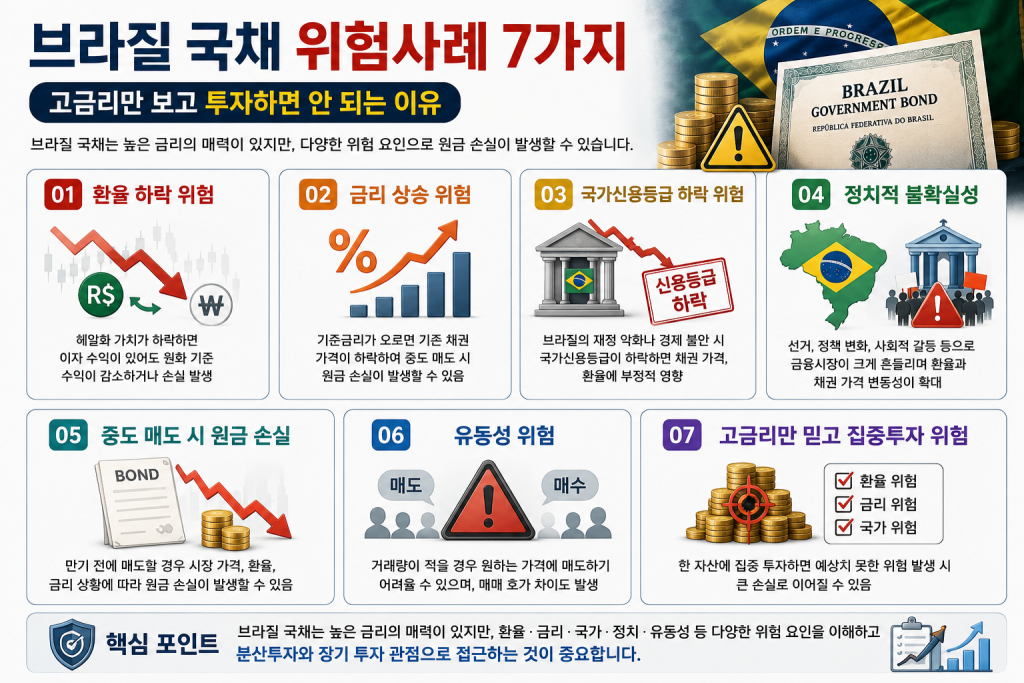 브라질 국채 투자 시 환율 하락, 금리 상승, 국가신용등급 하락, 정치적 불확실성, 중도 매도, 유동성, 집중투자 등 대표적인 위험사례 7가지를 설명하는 인포그래픽