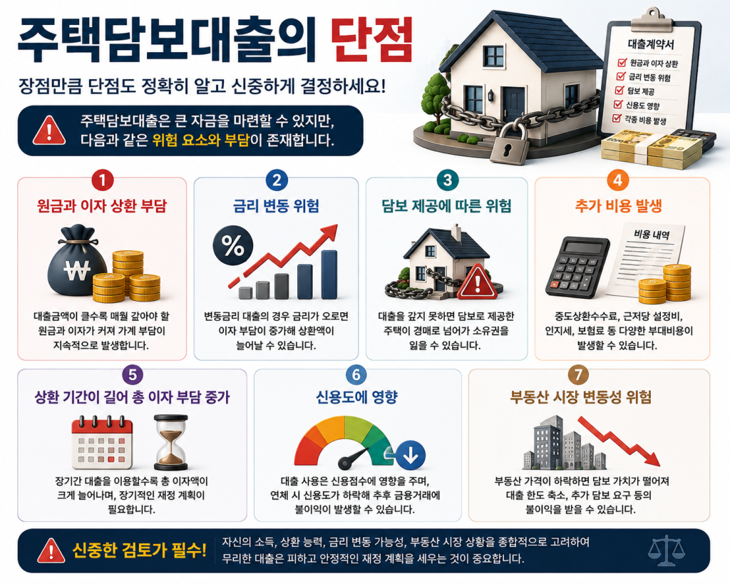 주택담보대출의 주요 단점인 원금과 이자 상환 부담, 금리 변동 위험, 담보 제공 위험, 추가 비용 발생, 장기 이자 부담, 신용도 영향, 부동산 시장 변동성을 한눈에 정리한 인포그래픽