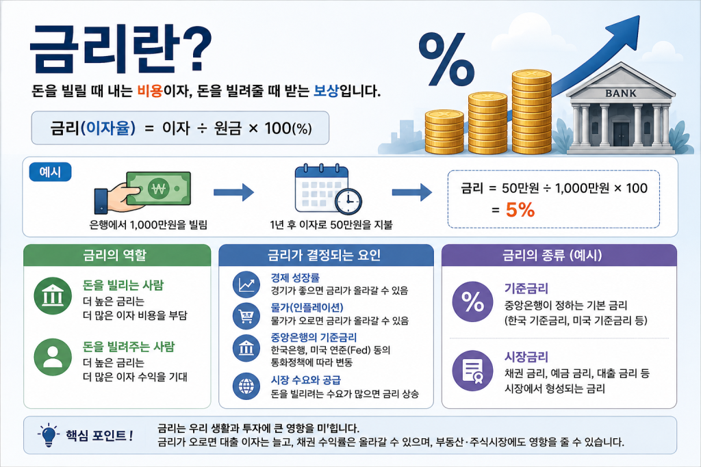 금리란 무엇인지 이자율 계산 방법과 기준금리·시장금리의 개념을 초보자에게 설명하는 이미지