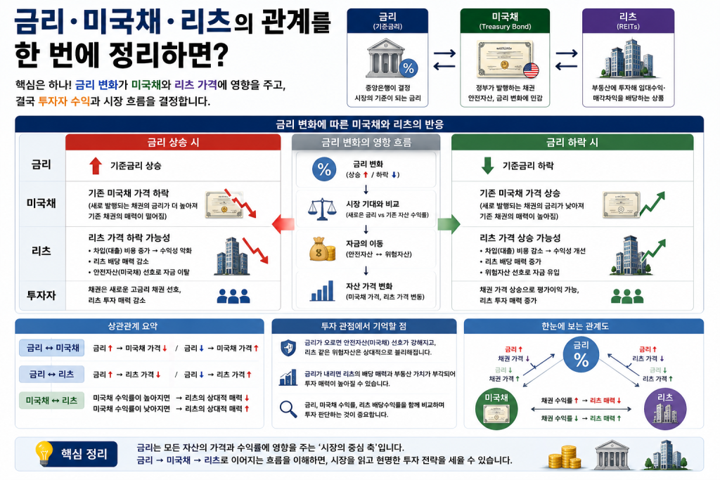 금리·미국채·리츠의 관계와 금리 상승·하락에 따른 미국채 및 리츠 가격 변화를 한눈에 정리한 이미지