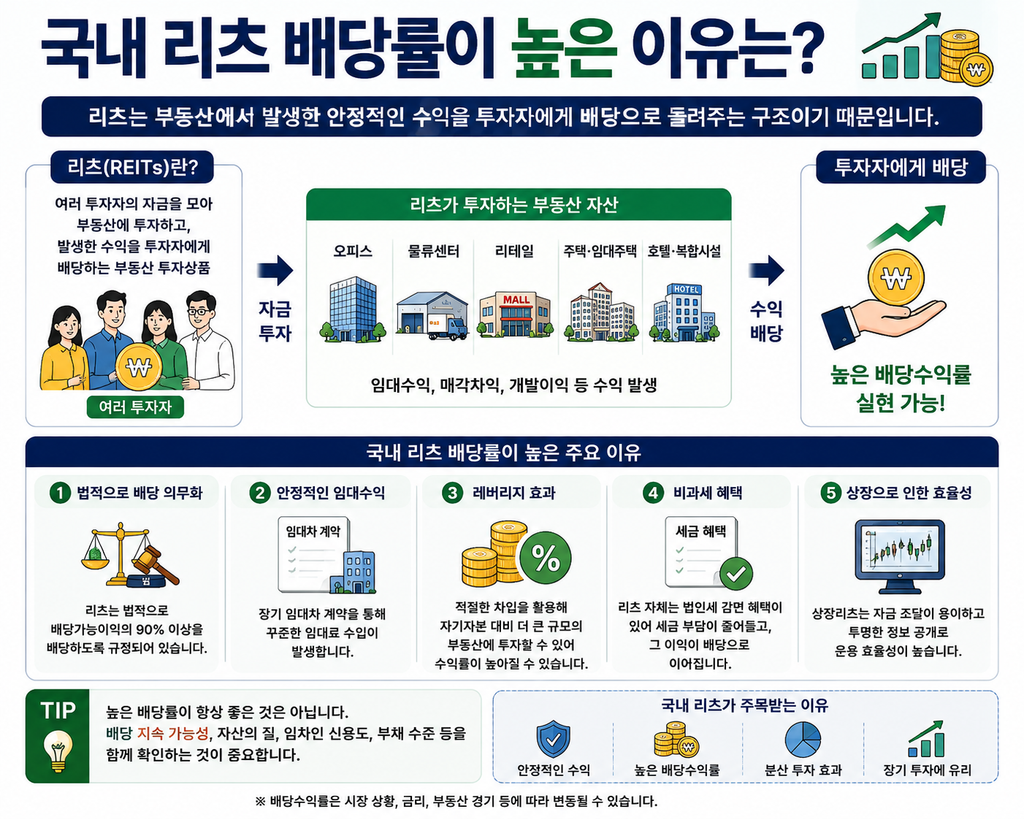 국내 리츠 배당률이 높은 이유와 배당 구조를 설명한 교육 이미지