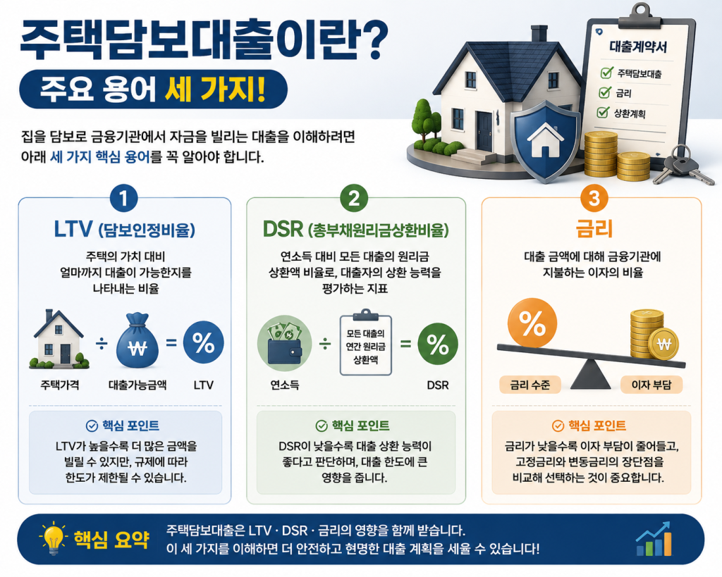 주택담보대출의 핵심 용어인 LTV(담보인정비율), DSR(총부채원리금상환비율), 금리의 개념과 특징을 한눈에 이해할 수 있도록 정리한 인포그래픽