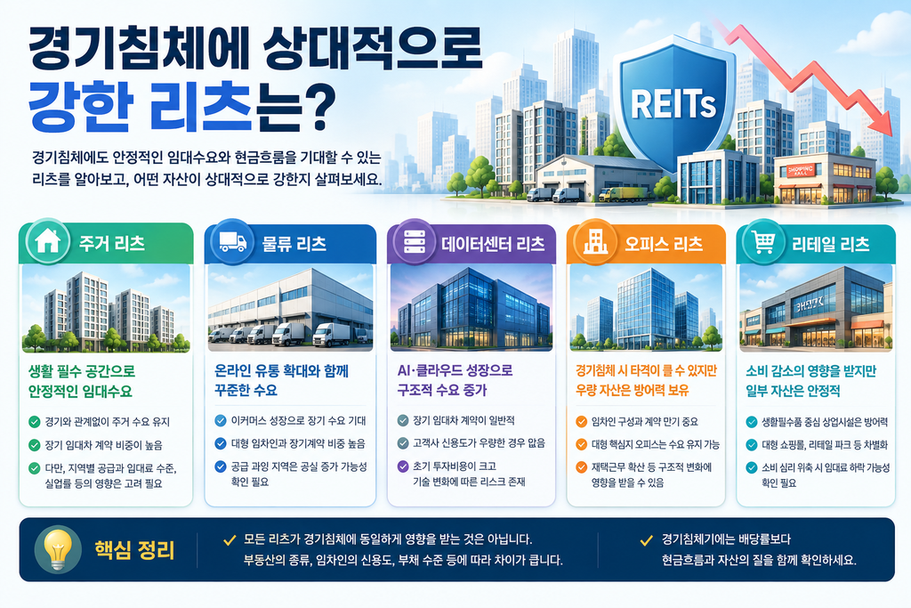 경기침체에 상대적으로 강한 주거·물류·데이터센터·오피스·리테일 리츠의 특징을 비교한 교육 이미지