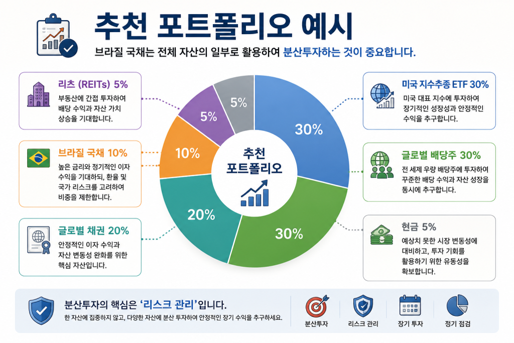 미국 지수추종 ETF 30%, 글로벌 배당주 30%, 글로벌 채권 20%, 브라질 국채 10%, 리츠(REITs) 5%, 현금 5%로 구성한 장기 분산투자 추천 포트폴리오 인포그래픽