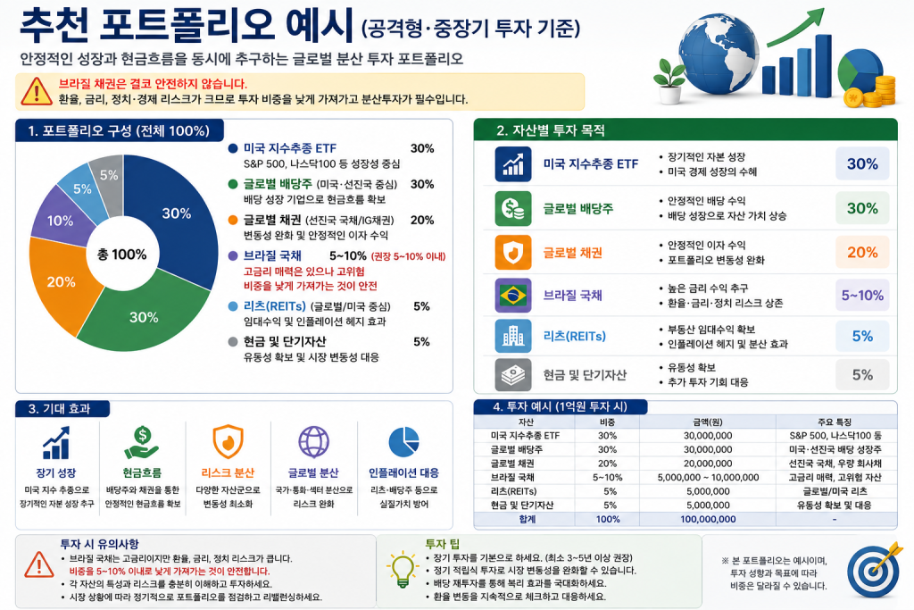미국 지수추종 ETF, 글로벌 배당주, 글로벌 채권, 브라질 국채, 리츠(REITs), 현금을 활용한 장기 분산투자 추천 포트폴리오를 설명하는 인포그래픽