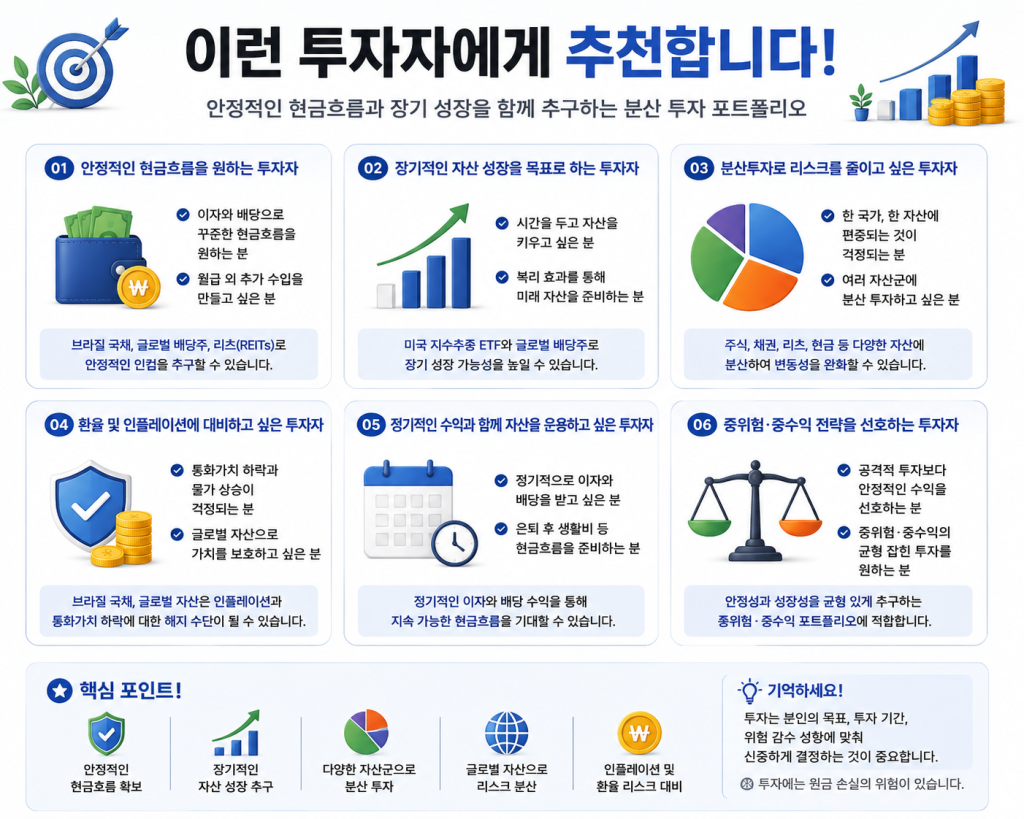미국 지수추종 ETF, 글로벌 배당주, 글로벌 채권, 브라질 국채, 리츠(REITs)를 활용한 분산투자 포트폴리오가 적합한 투자자 유형을 설명하는 인포그래픽