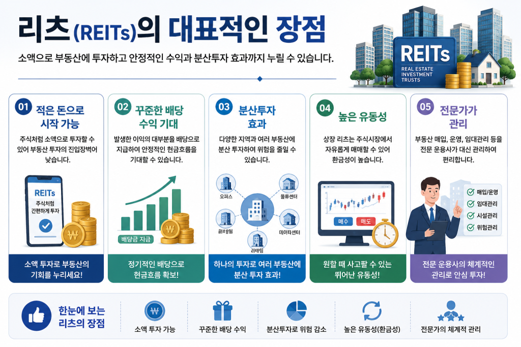 리츠(REITs)의 대표적인 장점인 소액 투자, 꾸준한 배당, 분산투자, 높은 유동성, 전문가 관리를 한눈에 정리한 인포그래픽