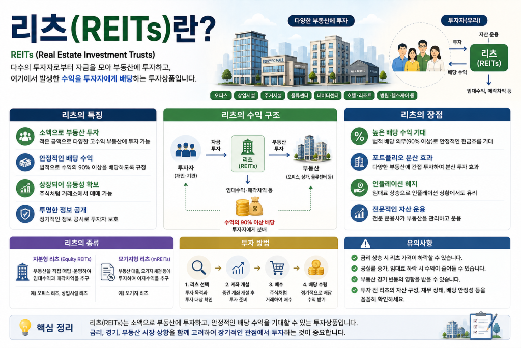 리츠(REITs)란 무엇인지 리츠의 특징과 수익구조, 종류, 장점 및 투자방법을 초보자에게 설명하는 이미지