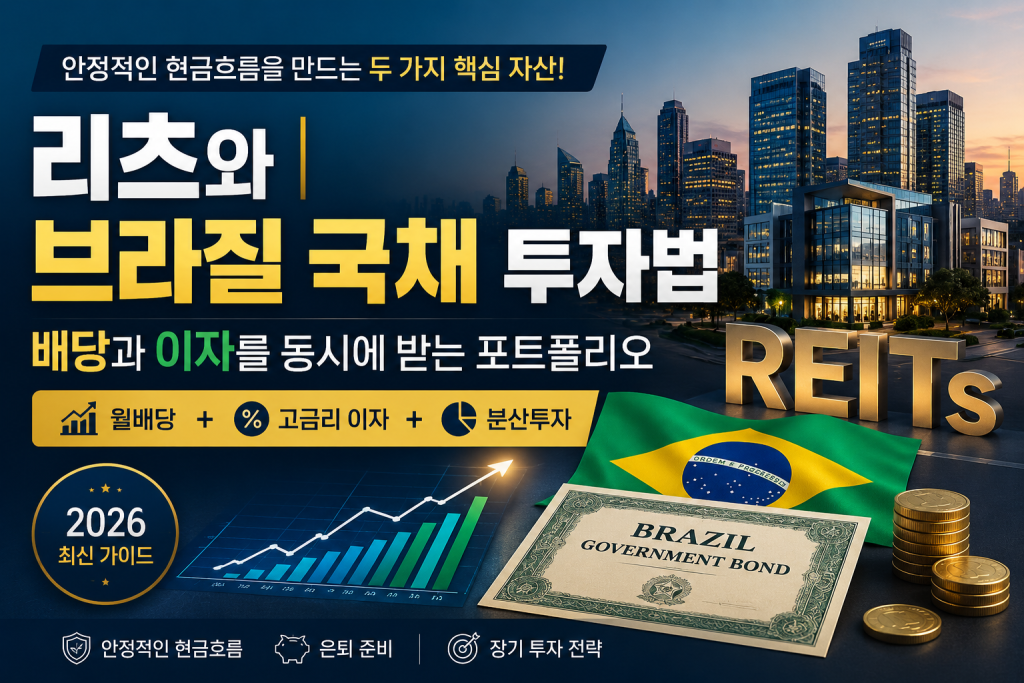 리츠(REITs)와 브라질 국채를 활용해 배당과 이자를 동시에 받는 현금흐름 포트폴리오를 설명하는 투자 가이드 이미지