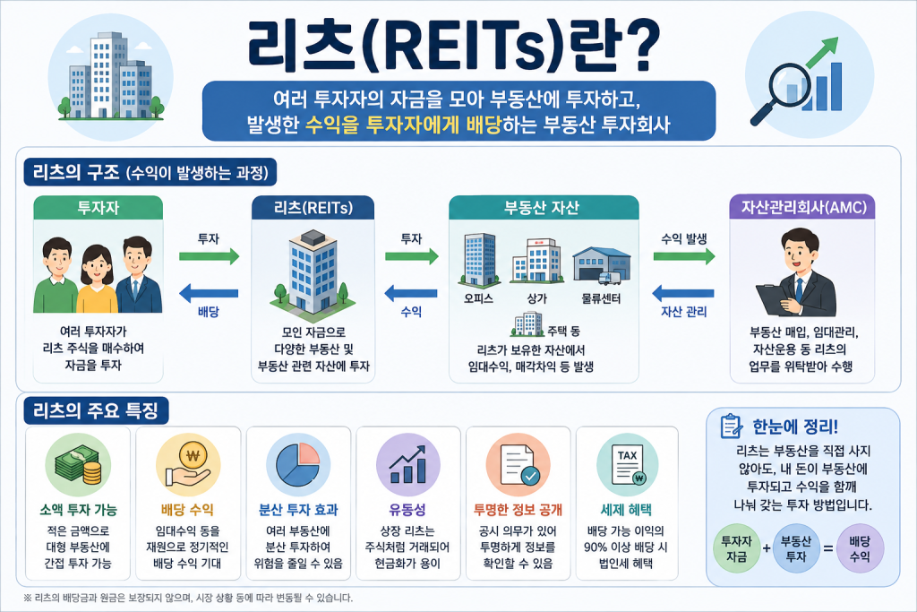 리츠(REITs)란 무엇인지 투자 구조와 배당 수익 발생 과정 및 주요 특징을 설명한 교육 이미지