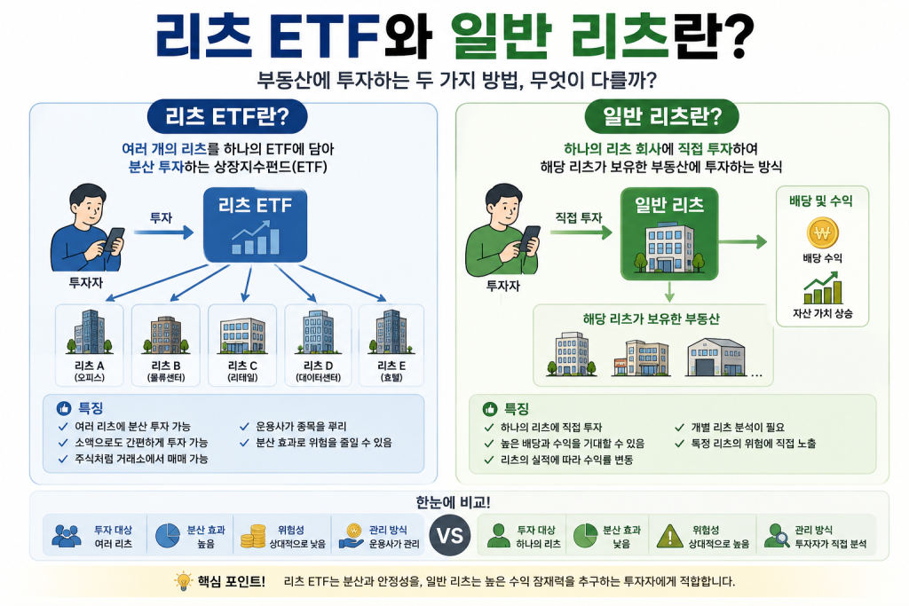 리츠 ETF와 일반 리츠의 개념과 차이점을 비교한 인포그래픽으로 분산투자 방식, 개별 리츠 투자 구조, 수익 방식, 위험성을 초보 투자자도 쉽게 이해할 수 있도록 설명한 이미지