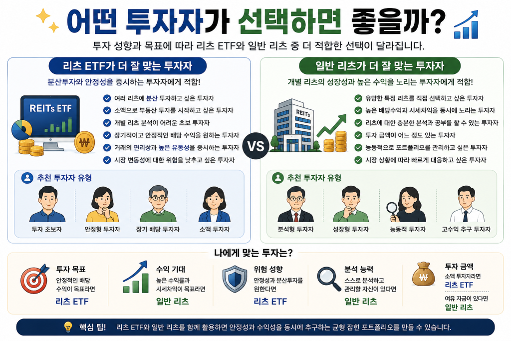 리츠 ETF와 일반 리츠 중 어떤 투자자가 선택하면 좋은지 비교한 인포그래픽으로 투자 성향, 투자 목표, 위험 감수 성향, 분석 능력, 투자 금액에 따라 적합한 투자 방식을 쉽게 설명한 이미지