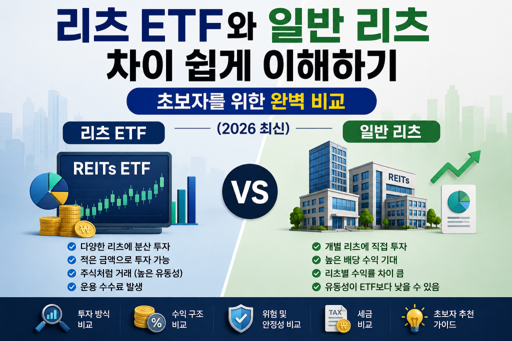 리츠 ETF와 일반 리츠의 차이점을 비교한 인포그래픽으로 투자 방식, 분산투자, 배당 구조, 유동성, 위험성 등을 초보 투자자도 쉽게 이해할 수 있도록 정리한 대표 이미지