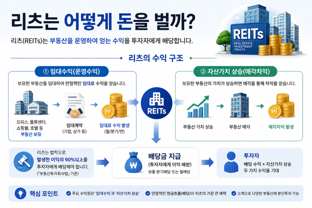 리츠(REITs)가 임대수익과 자산가치 상승을 통해 수익을 창출하고 투자자에게 배당하는 구조를 설명하는 인포그래픽