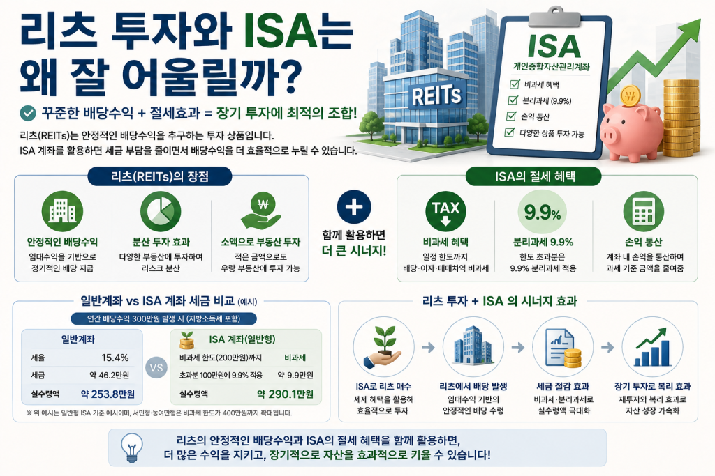 리츠 투자와 ISA가 잘 어울리는 이유와 배당수익 및 절세 혜택을 설명한 이미지