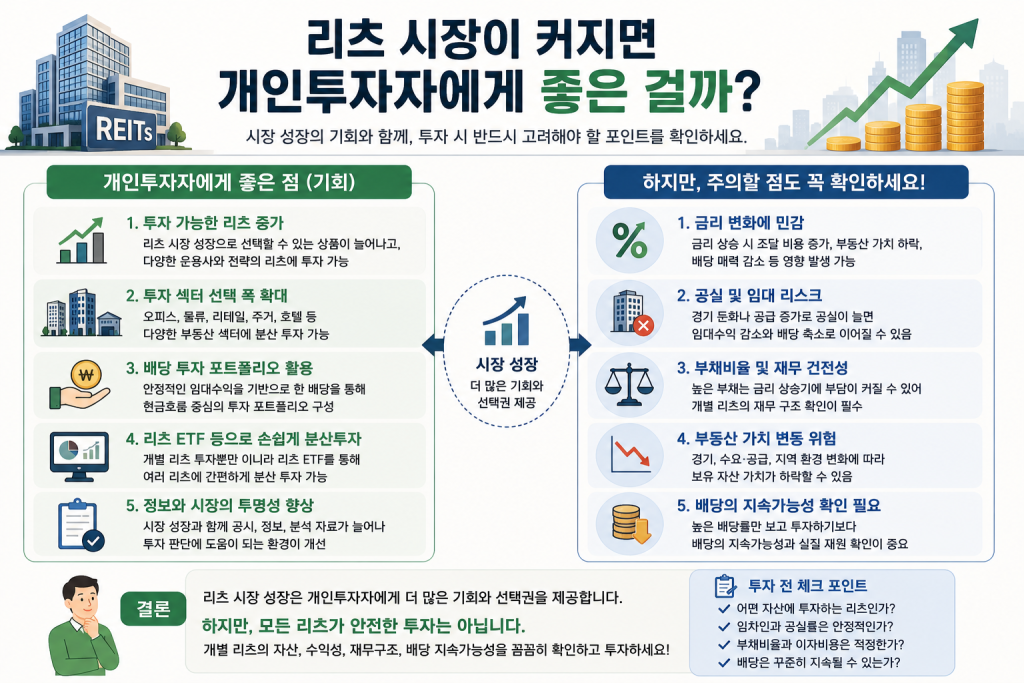 리츠 시장 성장에 따른 개인투자자의 투자 기회와 금리, 공실, 부채 및 배당 위험을 설명한 이미지