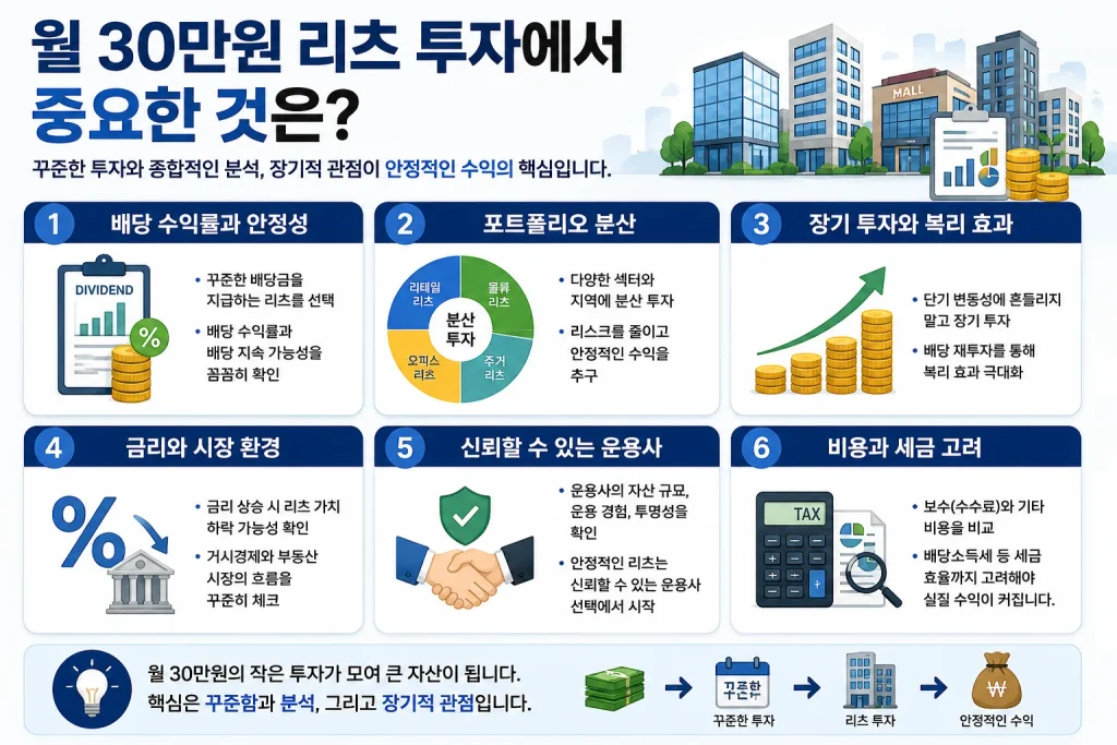 리츠 월 30만원 투자에서 중요한 배당 수익률, 포트폴리오 분산, 장기 투자, 금리, 운용사, 세금 고려사항