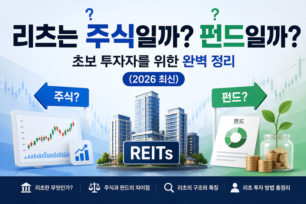 리츠는 주식일까 펀드일까를 비교하며 REITs의 구조와 투자 방법을 쉽게 설명하는 초보 투자자용 안내 이미지