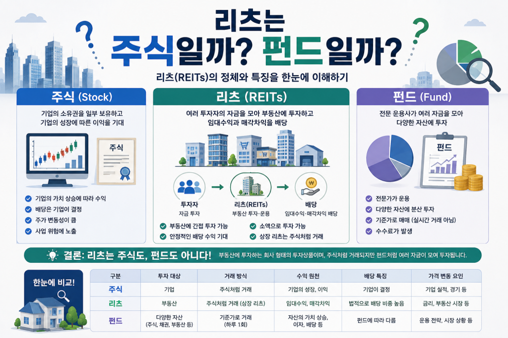 리츠(REITs)가 주식인지 펀드인지 비교하며 투자 구조와 특징, 차이점을 쉽게 설명하는 인포그래픽