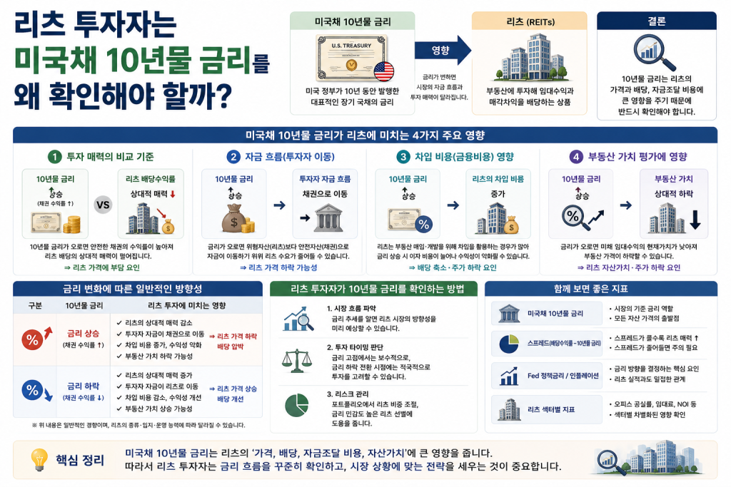 리츠 투자자가 미국채 10년물 금리를 확인해야 하는 이유와 금리 변화가 리츠 가격·배당·차입비용·부동산 가치에 미치는 영향을 설명한 이미지