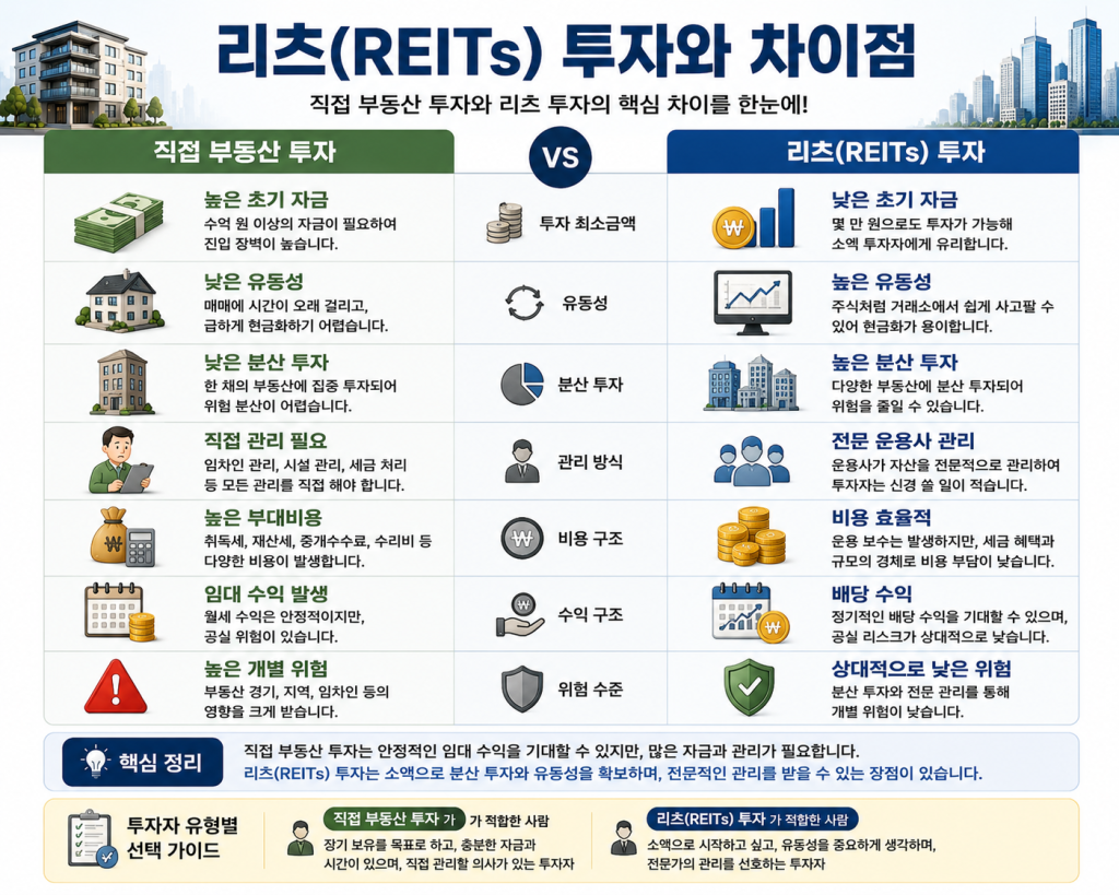 리츠(REITs) 투자와 직접 부동산 투자의 차이점을 투자금, 유동성, 분산투자, 관리 방식, 비용 구조, 수익 구조, 위험 수준 측면에서 비교한 인포그래픽