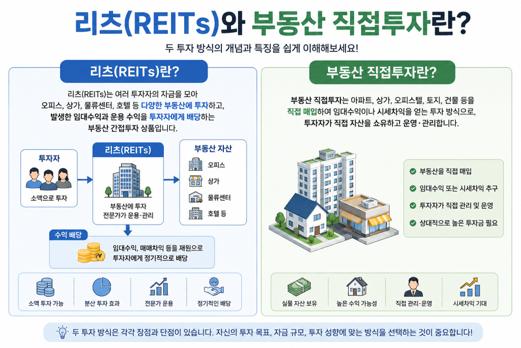 리츠(REITs)와 부동산 직접투자의 개념과 차이점을 비교한 인포그래픽으로 투자 방식, 수익 구조, 자산 소유 방식, 관리 방법을 한눈에 이해할 수 있는 이미지