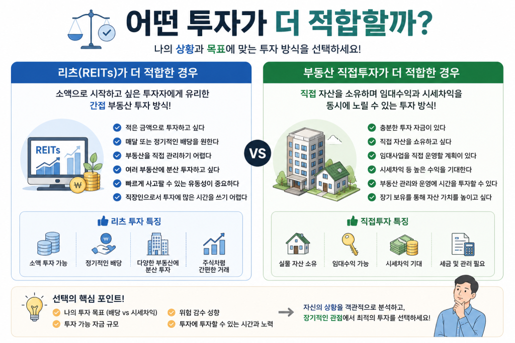 리츠(REITs)와 부동산 직접투자 중 어떤 투자 방식이 더 적합한지 투자 목표, 자금 규모, 위험 성향, 관리 부담 등을 비교하여 선택 기준을 정리한 인포그래픽